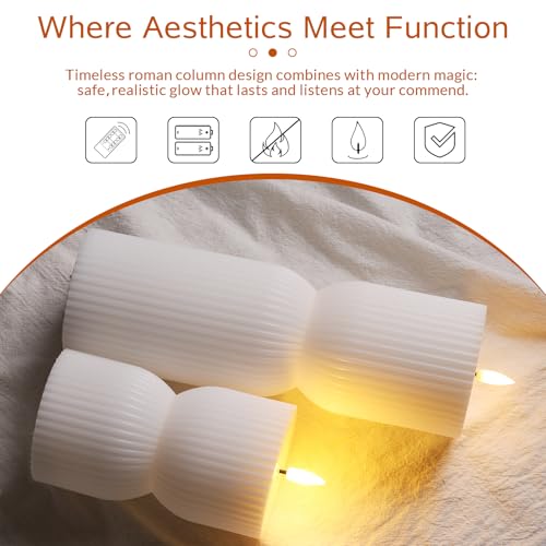 Girimax White Ribbed Flameless Pillar Candles with Remote, Real Wax Flickering Battery LED Candles Set of 2 - Thumbnail 4