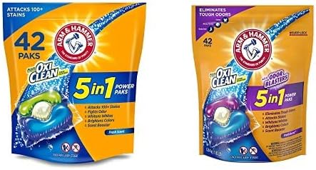 Bundle of Arm & Hammer OxiClean 5-in-1 Laundry Detergent Power Paks, 42 Count + OxiClean With Odor Blasters Laundry Detergent 5-in-1 Power Paks, 42CT