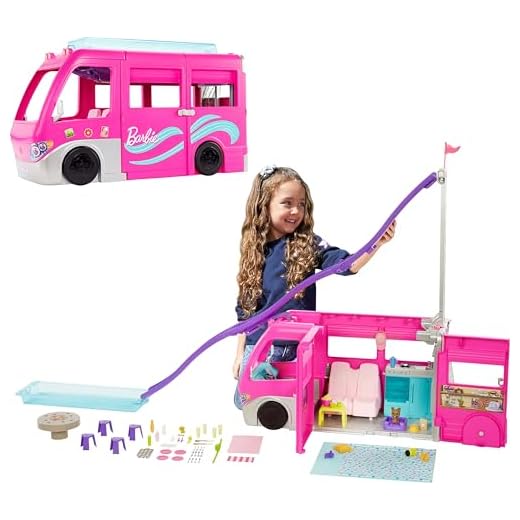 Barbie Camper Playset, Dreamcamper Toy Vehicle with 60 Accessories Including Furniture, Pool and 30-Inch Slide