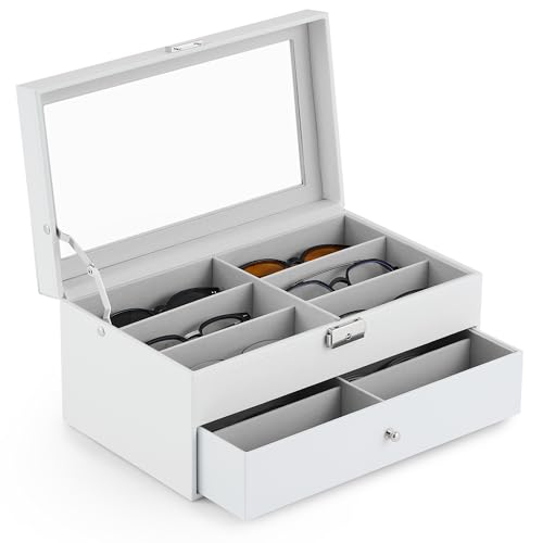 Image of CO-Z Sunglasses Organizer with 12 Slots, Leather Eyeglasses Storage Box for Women Men, 2 Story Lockable Display Case for Multiple Glasses, Sunglasses Jewelry Collection Holder with Drawer, White