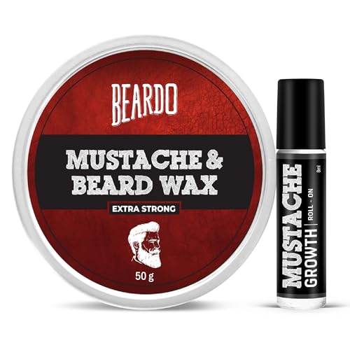 Image of Mustache Growth Roll On 8ml with Beard & Mustache Extra Strong Wax 50g | Beard Styling Wax, Mustache Growth Serum, Thick Beard Styling Kit for Men (Pack of 2)