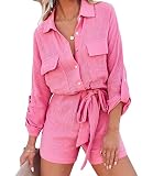 ReachMe Womens Casual Summer V Neck Collared Textured Jumpsuits Button Down Tie Waist Shorts Rompers