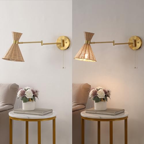 JONATHAN Y 25" Brass Gold 1-Light Mid-Century Swing Arm LED Sconce with USB Port, Pull Chain Vintage Wall Lamp for Bedroom Living Room Decor, Light Brown Rattan Shade, LED Bulb JYL1603A by JONATHAN Y - Image 5