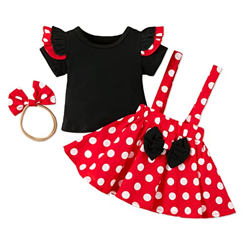 Patpat Baby Girls Skirts Short-Sleeve Top+ Polka Dot Suspender Skirt+Headband Set Baby Girl Overall Dress 18-24 Months #TOP23