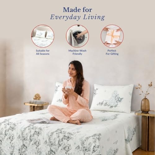 Image of Jaipur Weaves Cotton King Size Bedsheet 108x108 Super King, 100% Pure Cotton Bed Sheet with 2 Pillow Covers, 240 TC Soft Breathable Floral Design Bedding - (Garden Blue, Super King)