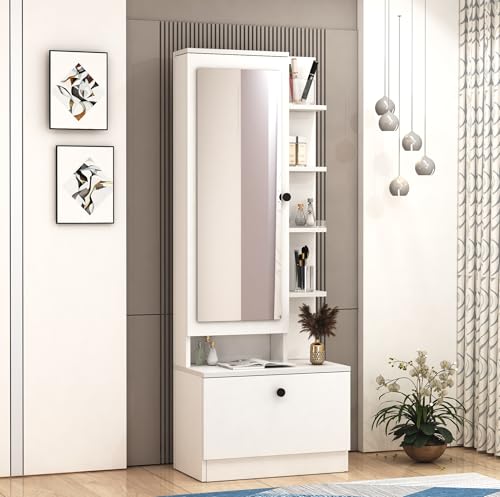 DesignFit Bonita Engineered Wood Dressing Table with Mirror and Drawer | Closed and Open Storage Unit | Wooden Vanity Table for Bedroom, Living Room Furniture (Matte Moonshine White Finish)