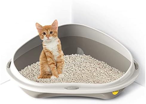 Grey Large Corner Cat Open Litter Tray With Rim Kitten Pet Toilet Plastic Loo Pan Box Anti-Spillage Lowered Entry Step Rounded Corners Detachable Rim Easy Cleaning No Spilling CatCentre®