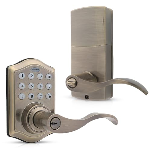 Honeywell Safes & Door Locks - Keyless Entry Lever Door Lock Handle with Electronic Keypad - Easy to Install Front Door Lock with Code - 50 User Pin Codes - Antique Brass - 6.5 x 8.8 x 9 in - 8734101 by Honeywell - Used condition - CA$192.35