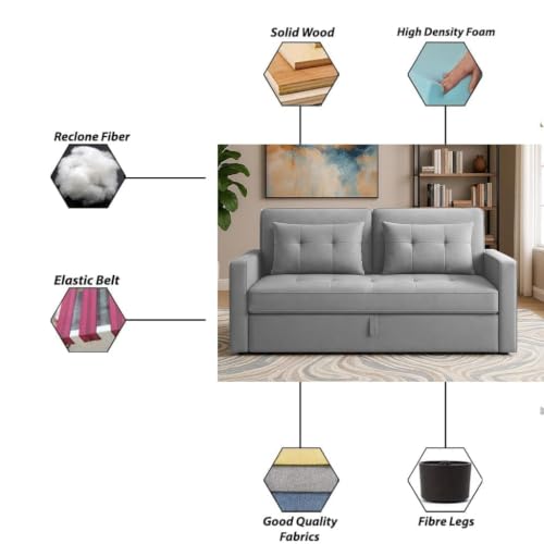 Image of Emilio 2 Seater Pull-Out Sofa Cum Bed | Premium Fabric Convertible Sleeper Sofa Set Space Saving for Living Room Office Home Guests Daily Use | 1 Year Warranty | Grey Colour Fabric Sofa