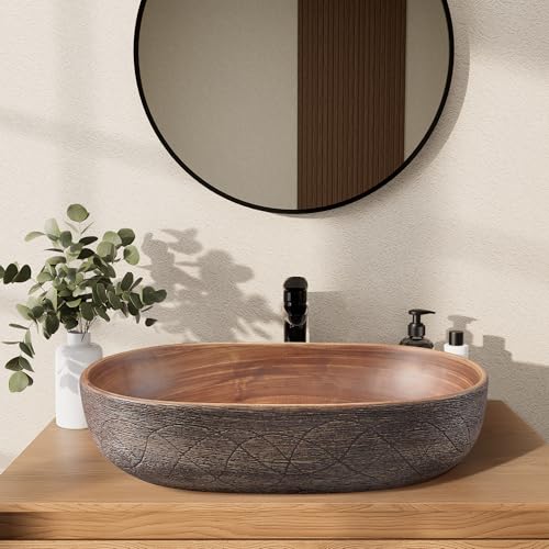 Homary Bathroom Vessel Sink, 23.23" Oval Bowl Sink Retro Ceramic Washbasin Above Counter for Bathrooms - Thumbnail 6