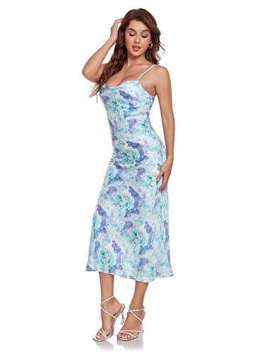 Image of Women's Spaghetti Strap Midi Satin Silk Dresses Slip Cowl Neck Party Cocktail Evening Sexy Dress