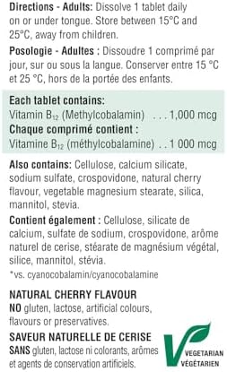Jamieson Vitamin B12 Methylcobalamin 1,000 mcg, Fast Dissolving, Faster Acting, Naturally Energizing, and Supports Metabolism. Vegetarian, Gluten-Free, Natural Wild Cherry Flavour, 150 Sublingual Tablets, Proudly Canadian - 4