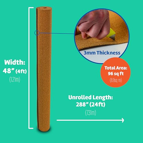 flipside products cork roll 439 x 2439 x 3mm - diy bulletin board wall accent cork board roll - environmentally friendly self-healing cork