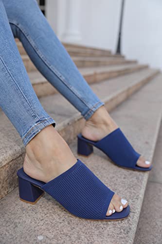 Rilista Womens Open Toe Heeled Mules Block Heels Sandals Knit Chunky Heels Slip On Breathable Slides Sandal Navy Blue #TOP5