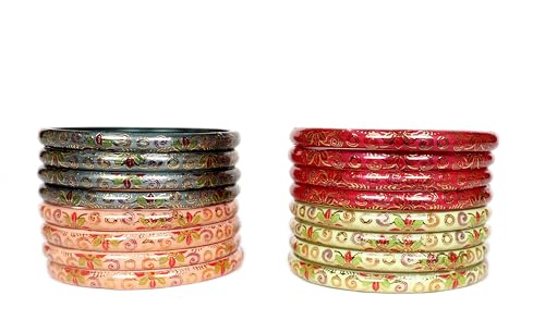 Image of Swara Creations Red Green Mehrun Yellow Bangles for Women /Digital Prints Bangles /Light Shiny Prints /Glass Bangles (16Pcs)(SKU270)
