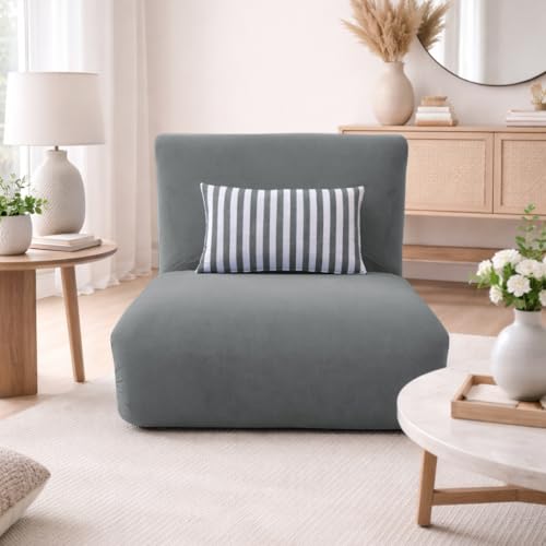 Image of Adorn India Easy Multi Mode 1 Seater Sofa Cum Bed | Velvet Fabric | Grey | Stripes Design | Comfortable Seating | Washable Cover | Perfect for Home & Office