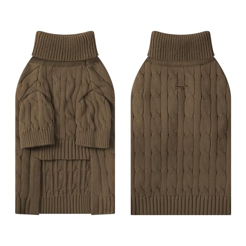 Image of Small Dog Thermal Pullover Sweater, Classic Turtleneck Cable Knitwear Dog Clothes for Cold Weather Warm Pet Clothes for Chihuahua, Bulldog, Dachshund, Pug Tan Medium