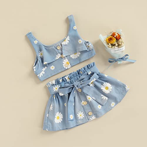 Infant Toddler Baby Girls Sunflower Denim Skirt Sets, Sleeveless Ruffle Crop Tops + Button Skirt 2Pc Summer Clothes (Blue, 9-12 Months) #TOP5