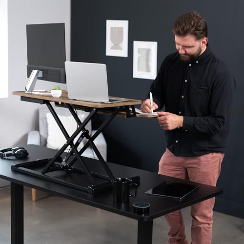 Image of VIVO 32 inch Desk Converter, K Series, Height Adjustable Sit to Stand Riser, Dual Monitor and Laptop Workstation with Wide Keyboard Tray, Reclaimed Wood Top, Black Frame, DESK-V000KP