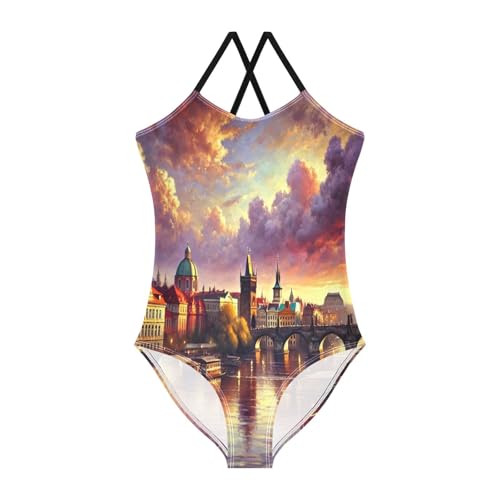 River Buildings Purple Swimsuit for Girls Bathing Suit Swimwear Swimsuits Summer Beach One Piece