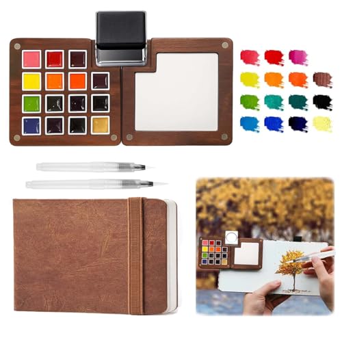 Mini Watercolor Paint Set - 15 Color Travel Watercolor Palette Set - Portable Water Color Paint Set with Watercolor Journal, Binder Clips,Pens,Storage Bag, Wooden Box for Beginners Painters Artists Student