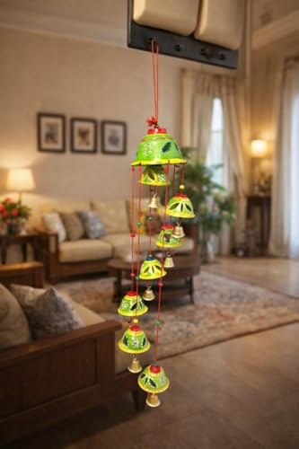 Image of Bindian Rajasthani Handcrafted 8-Bell Hanging Windchimes | Traditional Plastic Latkan for Home Decor, Vastu & Positive Energy | Elegant Wall Hanging for Balcony, Living Room (Green-2)