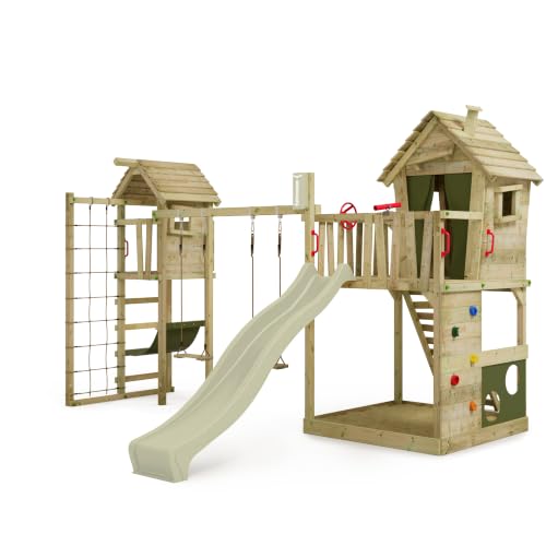 FATMOOSE Spielturm HappyHome Hot XXL mit TowerSwing, Rutsche salbeigrün, Plane grün/waldgrün – aus Holz, für Kinder im Garten