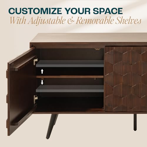 Image of Bme Sideboard Georgina Solid Wood 2 Doors & 3 Drawers, 61'' Mid Century Modern Cabinet with Geometric Pattern for Kitchen, Dining, Living Room