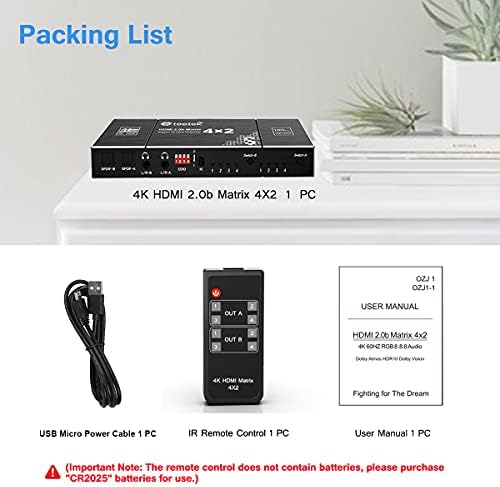 HDMI Matrix 4X2 Switch 4 In 2 Out,4K@60 Hz, RGB 8: 8: 8,HDMI 2.0 HDCP 2.2,SPDIF 5.1H,Audio EDID Extractor,3.5 mm Stereo Audio,with IR Remote Control,Support Matrix Mode Splitter Mode