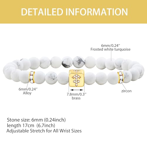 Image of Inlaid Zircon 12 Constellation Adjustable Stretch Bracelet - 6mm Frosted White Turquoise Beaded Bracelets for Women Men SJYA4647