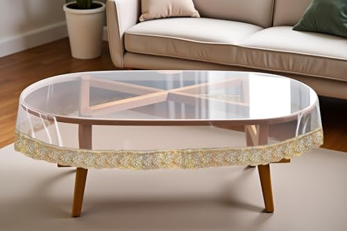 Image of The Furnishing Tree Oval Shaped Center Transparent Table Cover WxL 40x60 inches 0.25 mm Thickness with Golden Lace