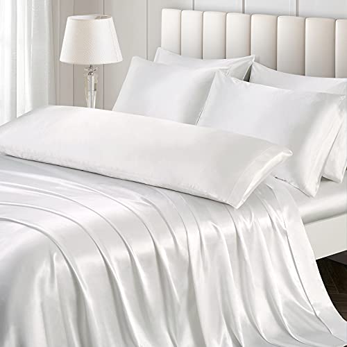 Image of Ersmak 7 Pieces Satin Sheets Set Queen Size, Luxury Silky Ivory White Satin Bed Sheets Set with 1 Deep Pocket Fitted Sheet, 1 Soft Flat Sheet, 4 Queen Pillowcases and 1 Body Pillowcase