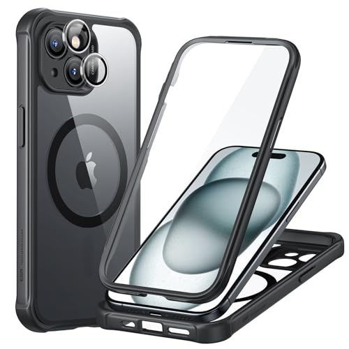 ESR for iPhone 15 Case, Compatible with MagSafe, Full-Body Military-Grade Drop Proof Case with Built-in 9H+ Tempered Glass Screen Protector, Armor Series, Clear Black