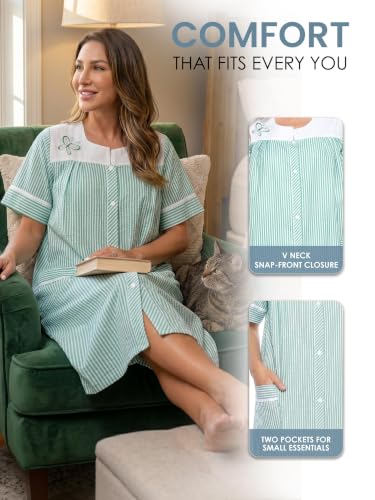 Image of Casual Nights Women's Snap - Front House Dress Short Sleeve Woven Housecoat Duster Lounger Robe with Pockets
