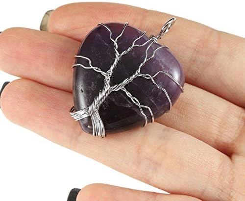 JOVIVI Amethyst Heart Tree of Life Crystal Necklace Women Healing Purple Heart Stone Wire Wrapped Pendant Necklace Amethyst Jewellery Gifts