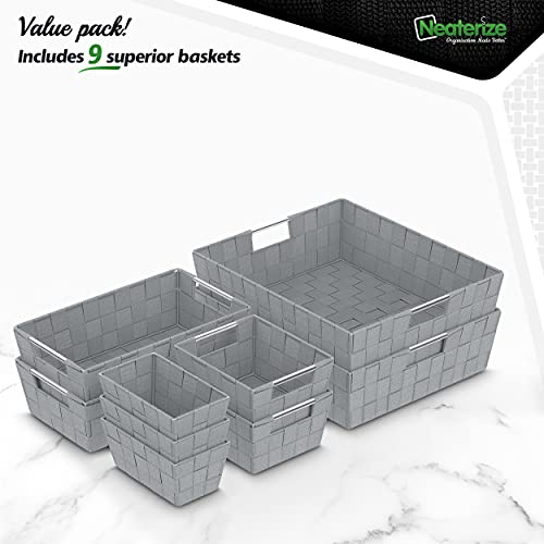 Woven Storage Baskets For Organizing - Set Of 9 Fabric Empty Organizer Bins With Handles - Great Bin For Organization, Linen Closet Shelves & Bathroom Basket. Empty Baskets For Gifts - (Dark Grey) #TOP5