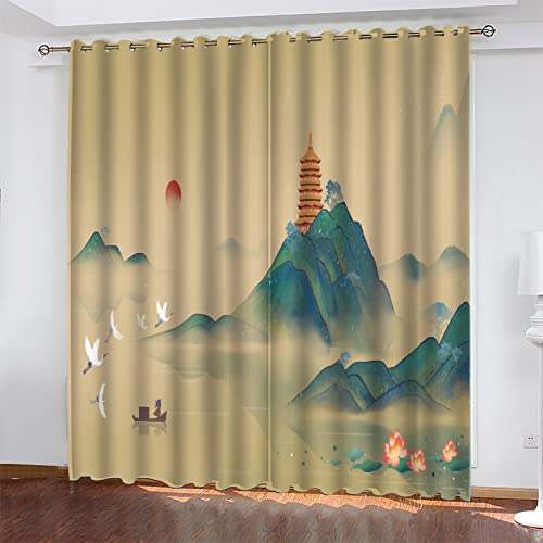 DONGSHAN Cortinas Salon JaponéS Torre - Cortinas Dormitorio Termicas Aislantes Frio y Calor - Cortinas Opacas con Ojales para Comedor Salon Cocina - 2 Piezas, 140x160 cm(An x Al)