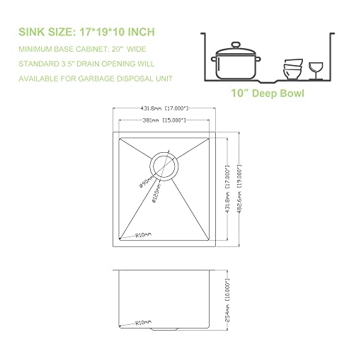 17 Bar Sink Undermount - Lofeyo 17" X 19" Kitchen Bar Sink Stainless Steel 16 Gauge Round Corner Rectangular Handmade Single Bowl Undermount Bar Prep Sink Basin #TOP2