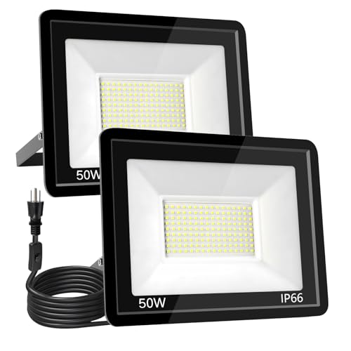 CowySun 50W LED Flood Light Outdoor 6500K Daylight White,7000LM Super Brighter LED Work Light,IP66 Waterproof Security Light with Switch and Plug for Garage, Garden, Yard, Stadium 2Pack