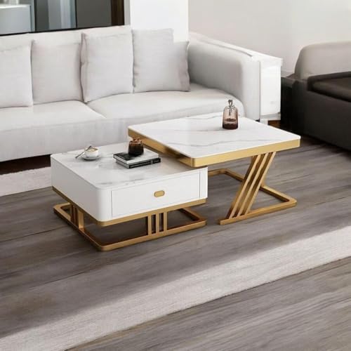 Image of Handmade Drawer Square 20 inchx20 inch Coffee Table /Nesting Table /Side Table /Center Table with Marble Finish Top for Living Room /Drawing Room (White & Gold)