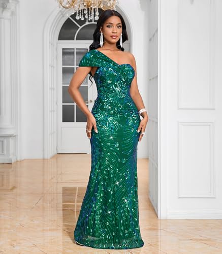 Image of Cololura Women Sexy Sequin One Shoulder Mermaid Formal Party Cocktail Gowns Bodycon Evening Maxi Dress