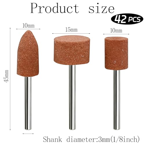 Spetsbst 42 Stück Korund Schleifspitze Set, Dremel Schleifaufsätze Schleifaufsatz für Akkuschrauber mit 3 mm Schaft, zum Schärfen von Edelsteinen, Glas, Metallen und Holz