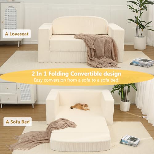 Sofá cama pequeño convertible de pana beige MeMoreCool para pisos 6