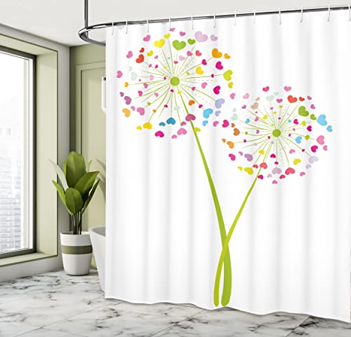 Ambesonne Floral Shower Curtain, Spring Dandelion Flower With Heart Shaped Colorful Petals Romance Valentines Design, Cloth Fabric Bathroom Decor Set With Hooks, 69" W X 70" L, Multicolor #TOP3