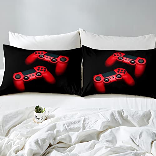 Gaming Bedding Sets For Boys Teens Kids Gamer Fitted Sheet & Pillow Sham Set Queen Size Cute Modern Video Game Fitted Sheet Black Red Room Decor Bed Sheet,1 Fitted Sheet,2 Pillow Sham, No Flat Sheet #TOP3