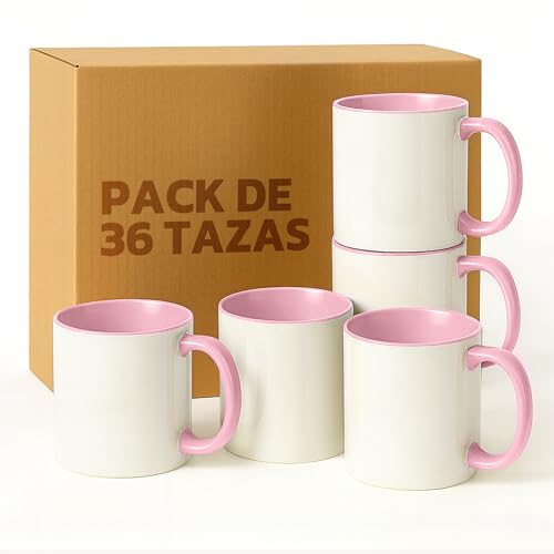 LA MENTE ES MARAVILLOSA - Tazas de Cerámica para Sublimación【Pack de 36】 11 oz/330 ml - Regalo Original | 8x10 cm | Ideales para Café, Té e Infusiones, Aptas para Microondas (Blanco/Rosa Claro)