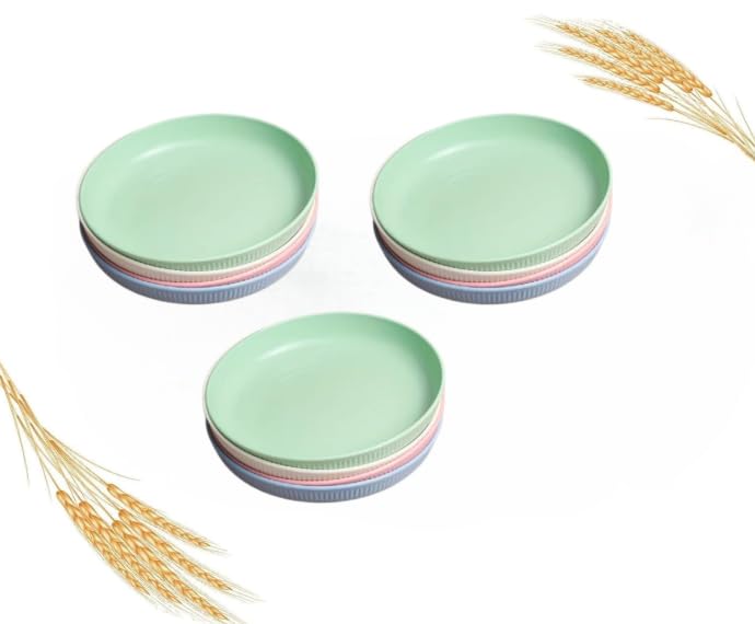 Image of Wheat Straw Plates Set of 12 - Unbreakable Round 9 Inch Dinner Plates for Kids & Adults - BPA-Free, Eco-Friendly, Dishwasher & Microwave Safe - Multicolor Set for Home, Camping & Outdoor Use