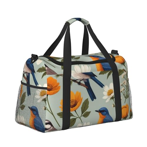 Garden Blossoming Wildflowers Birds Leaves Branches Print Travel Duffle Bag - Foldable Personal Item Travel Bag for Women & Men,13x10.2x19.73