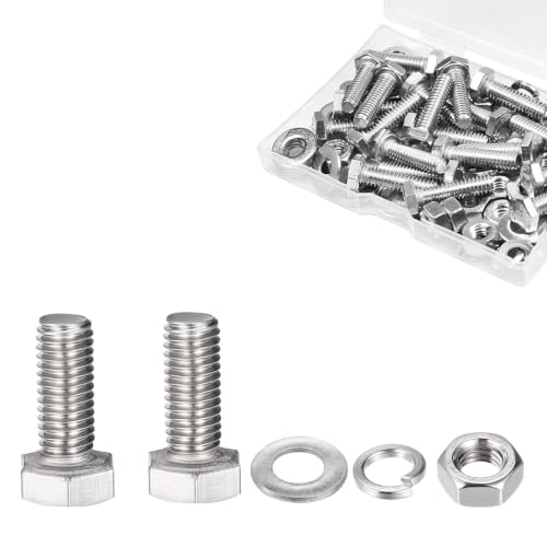 Image of M8 x 20mm Hex Head Screws Bolts, Nuts, Flat & Lock Washers Kits | 12 Sets Stainless Steel 304 M8-1.25 Hex Bolt Fully Threaded Hex Tap Metric Hexagon Head Screw Right Hand External Hex Drive