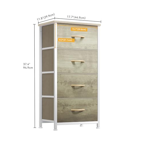 DWVO Dresser with 4 Drawers - Fabric Storage Tower, Organizer Unit for Bedroom, Hallway, Hallway, Closets - Sturdy Steel Frame, Wooden Top & Easy Pull Fabric Bins